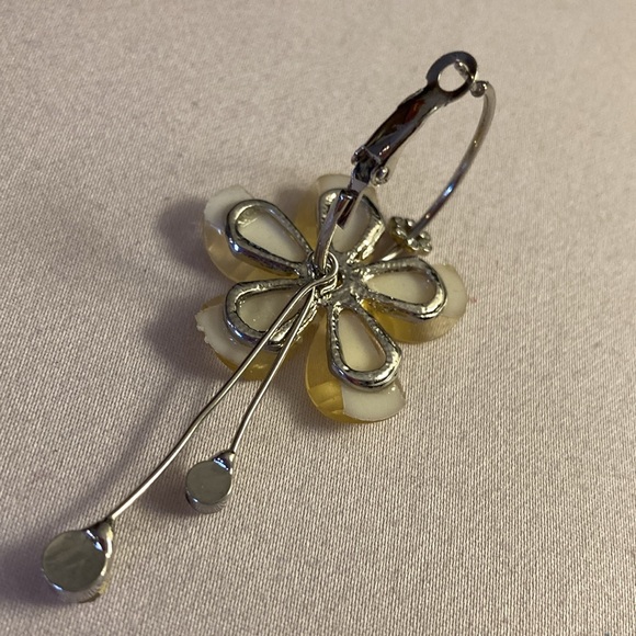 NWOT - Light Yellow Flower Silvertone Hoop Pierced Earrings & White Crystals - Picture 6 of 11
